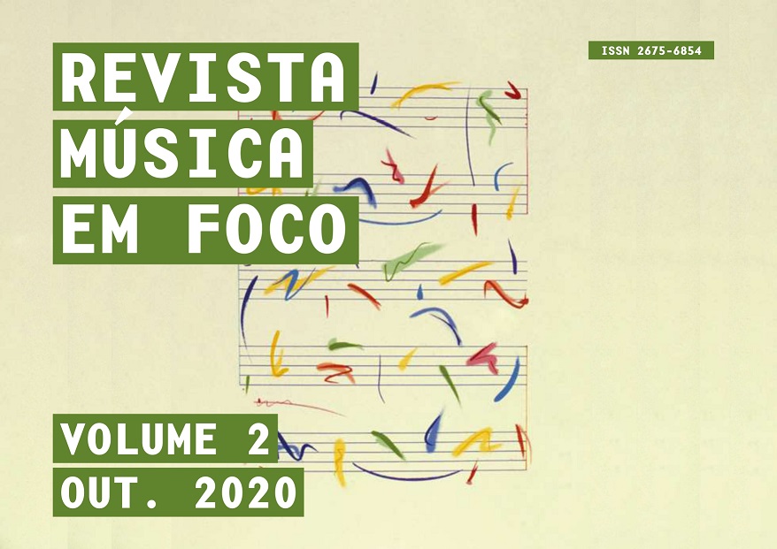 Capa da Revista Música em Foco com seu título, ISSN, volume e data de publicação sob tarjas verdes. Ao fundo temos a imagem de uma pauta musical com traços coloridos no lugar de figuras musicais representando o canto de pássaros.